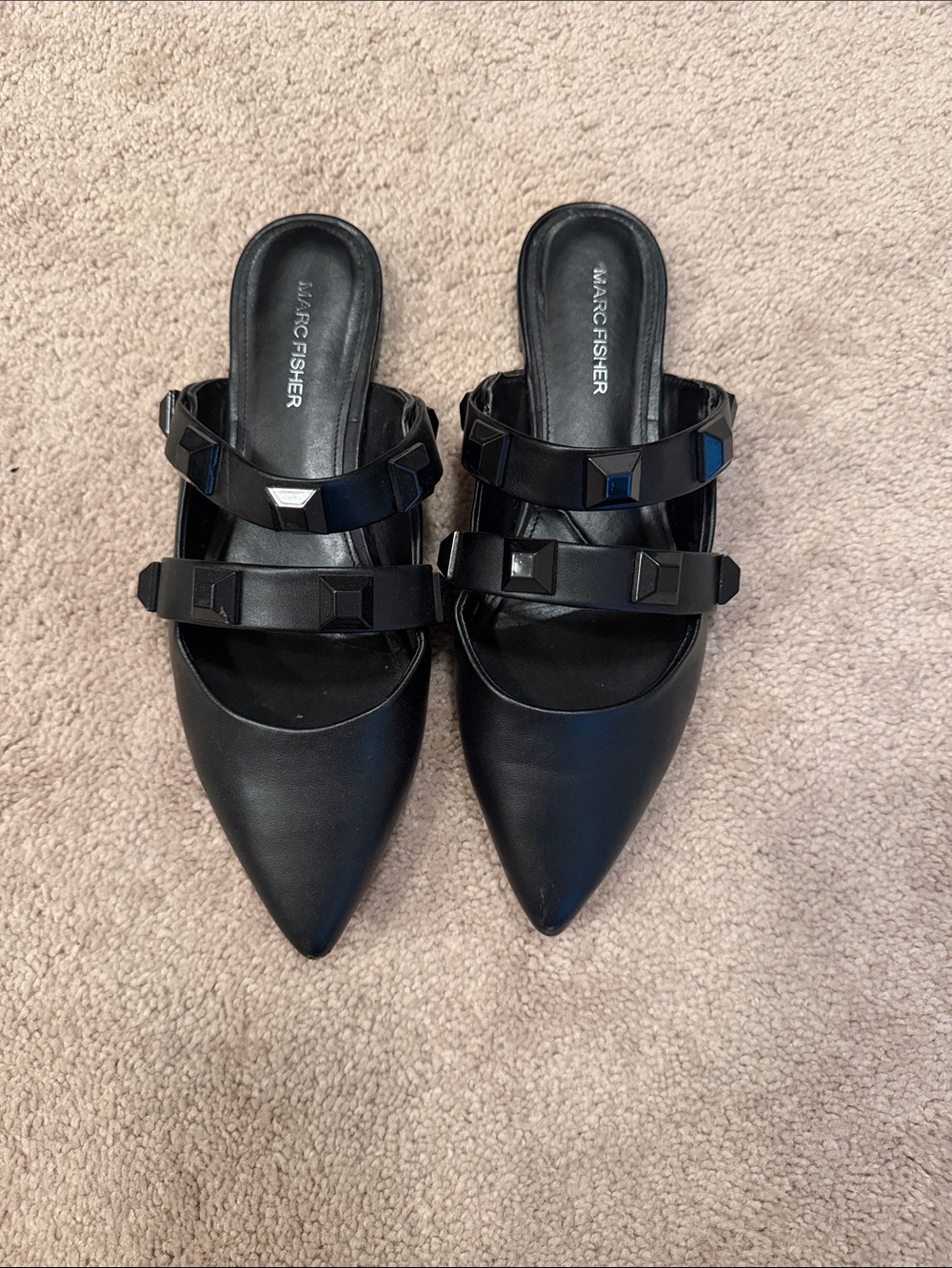 Marc Fisher Black Pointed Mule with Studded Double Straps